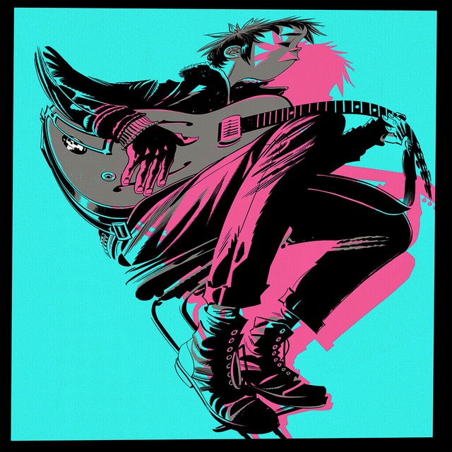 Album art for Gorillaz's album 'The Now Now', in striking bright blue and pink. It features a distorted drawing of someone playing a guitar.