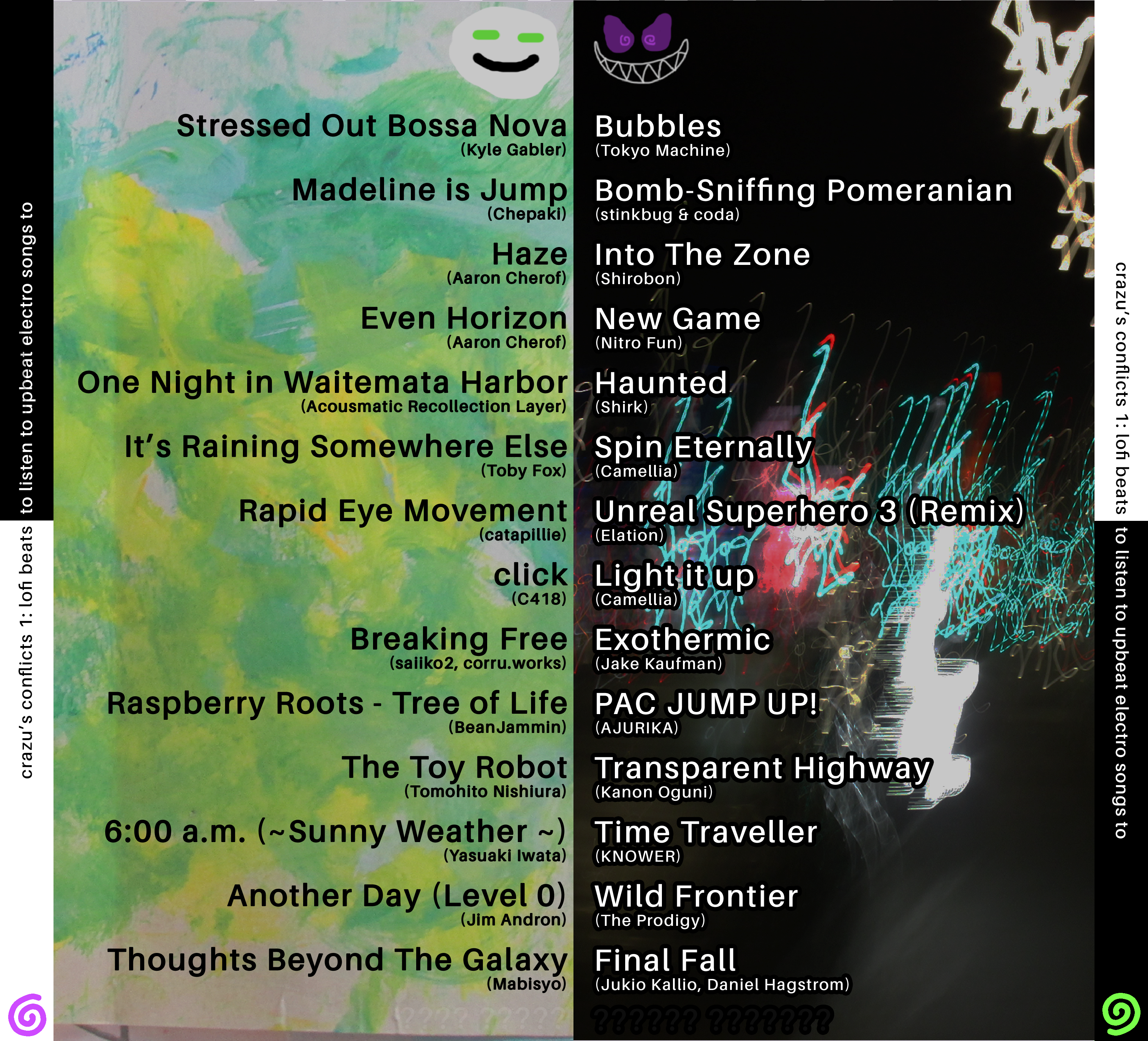 Back cover for the CD, split in half with one disc's tracklists on each end.