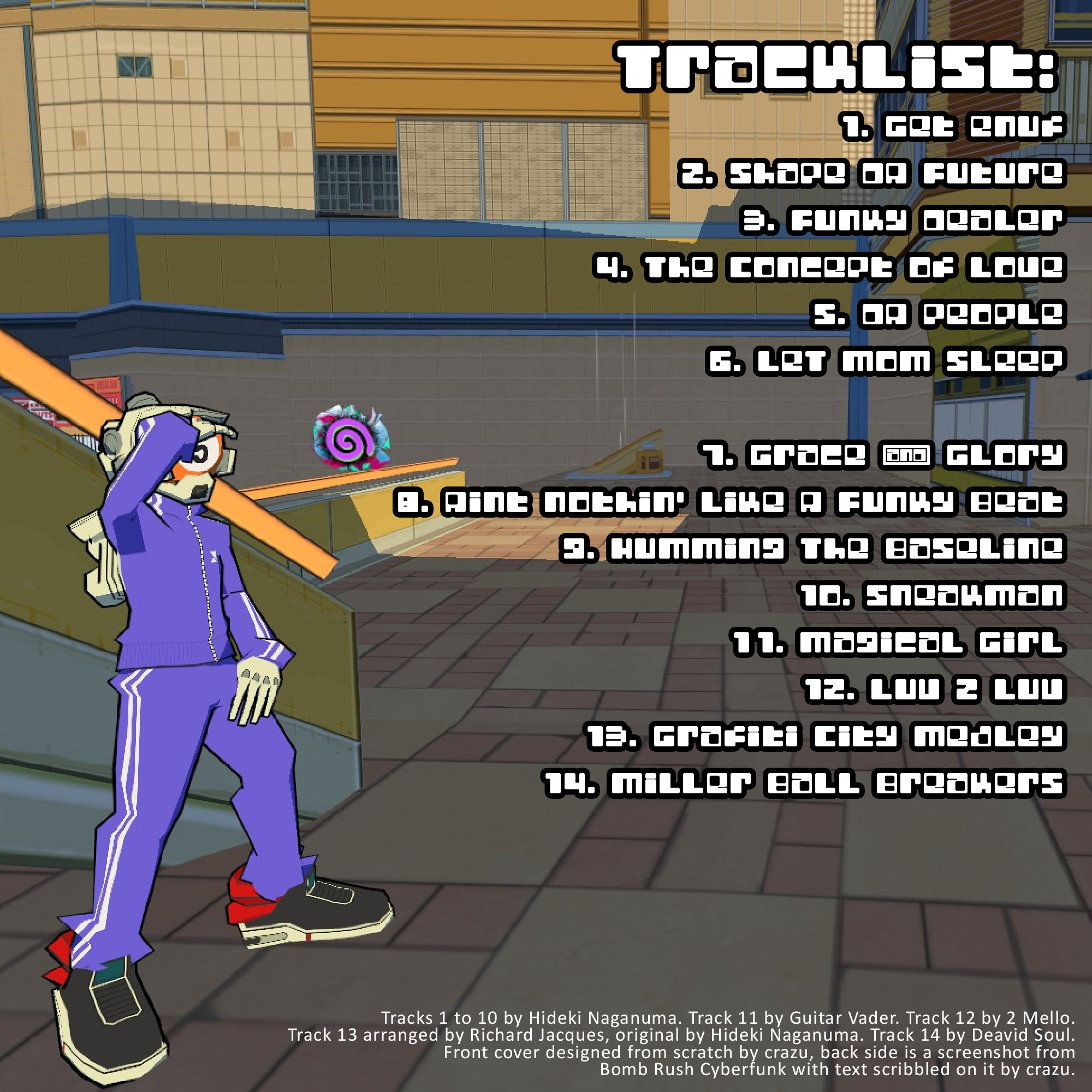 Inside cover for the CD, a screenshot from a low poly skating game of a tracksuited cybernetic character leaning against a wall. A spiral can be seen graffiti'd on a wall in the background.